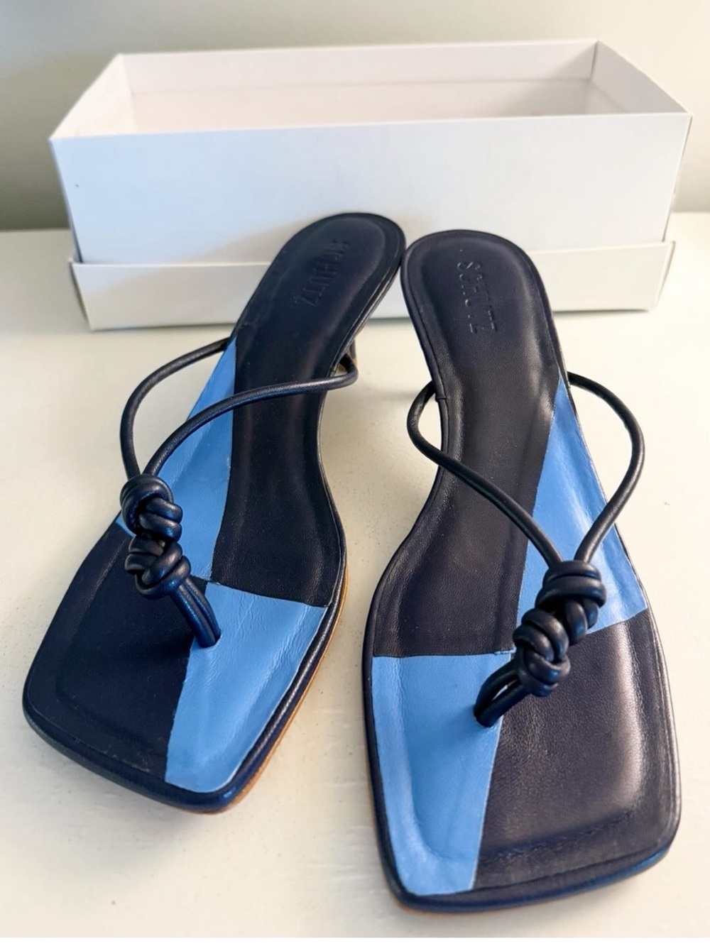 New In Box SCHUTZ Poppy Navy and Light Blue Knot-Detail Slide Sandals -Sz 9.5